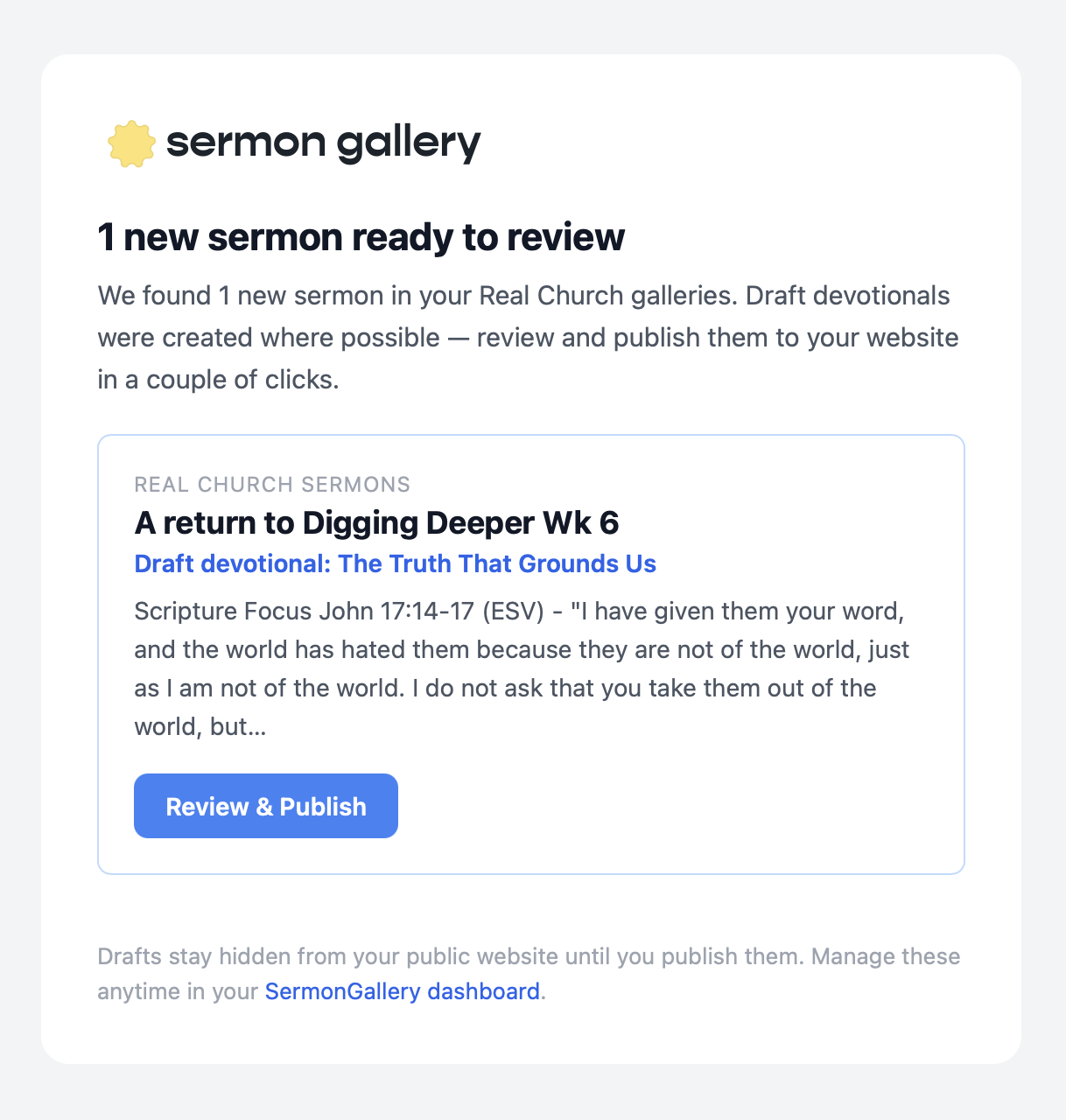 SermonGallery email notification showing a new sermon ready to review and publish